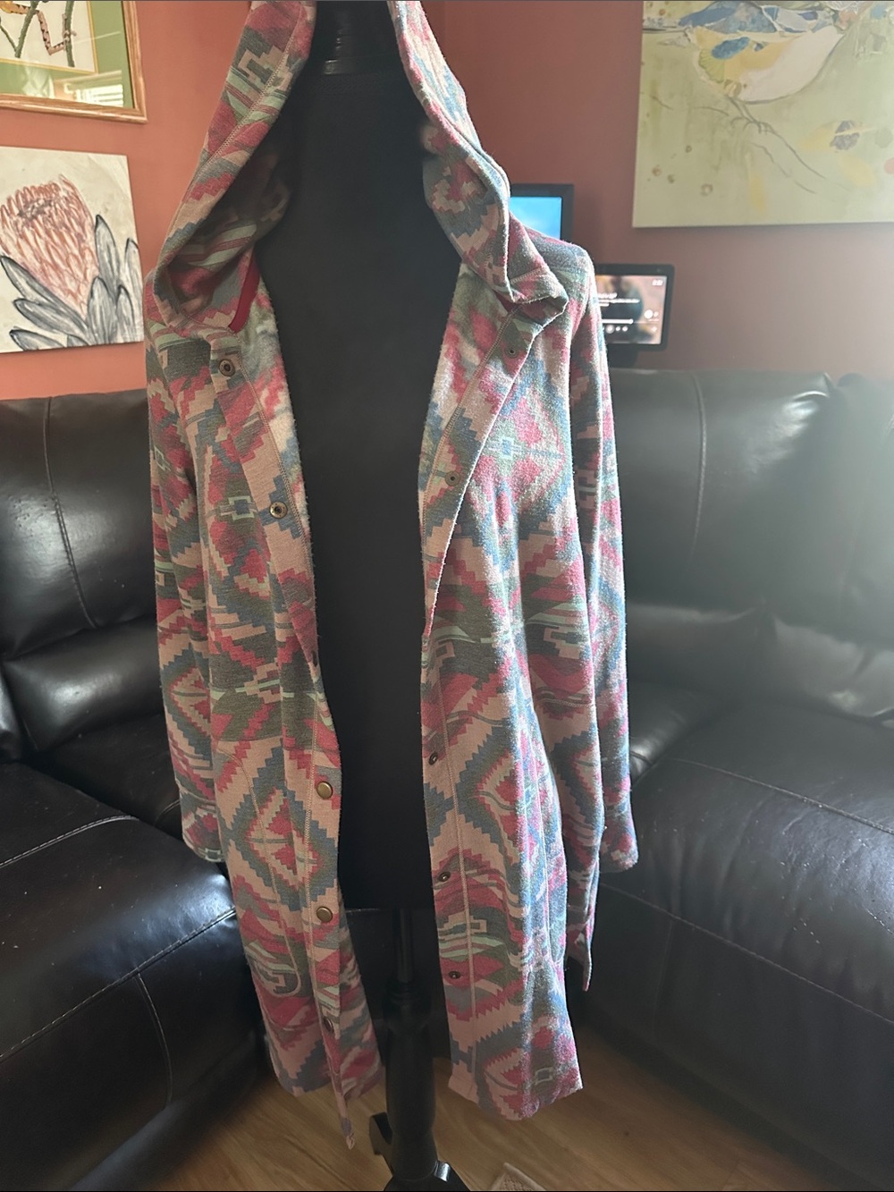 Cuddl Duds Hooded Aztec Print Long Jacket in Pink and Teal